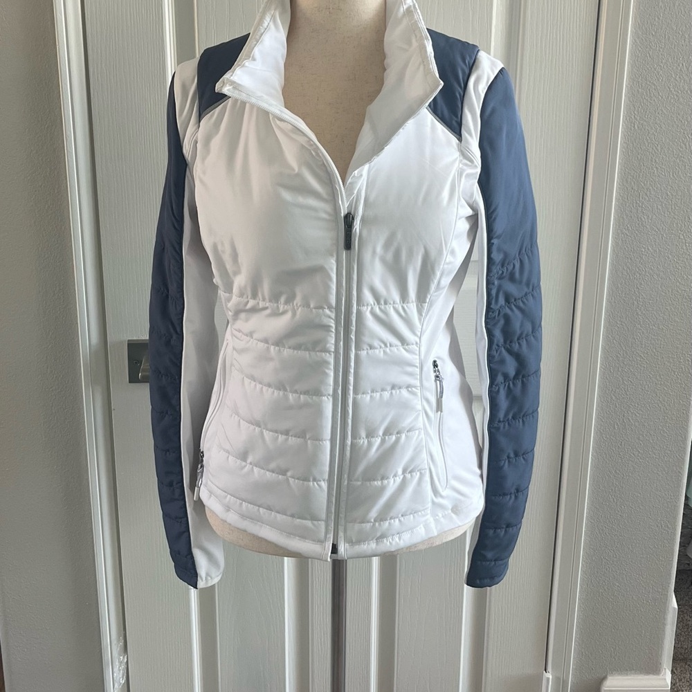 Zella- White and Gray insulated Jacket with Streamlined Fit and Stand-Up Collar